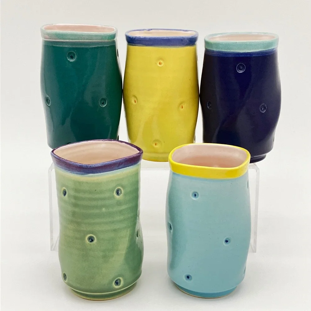 Studio Pottery Dimple Tumblers Set of 5 Handcrafted Colorful Ceramic Cups BM